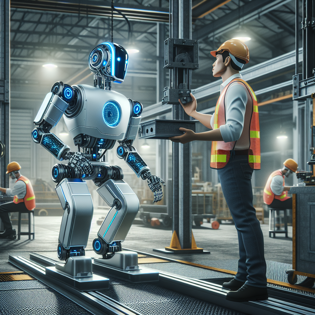 A humanoid robot working alongside a human in an industrial setting, moving heavy objects while maintaining a safe distance.