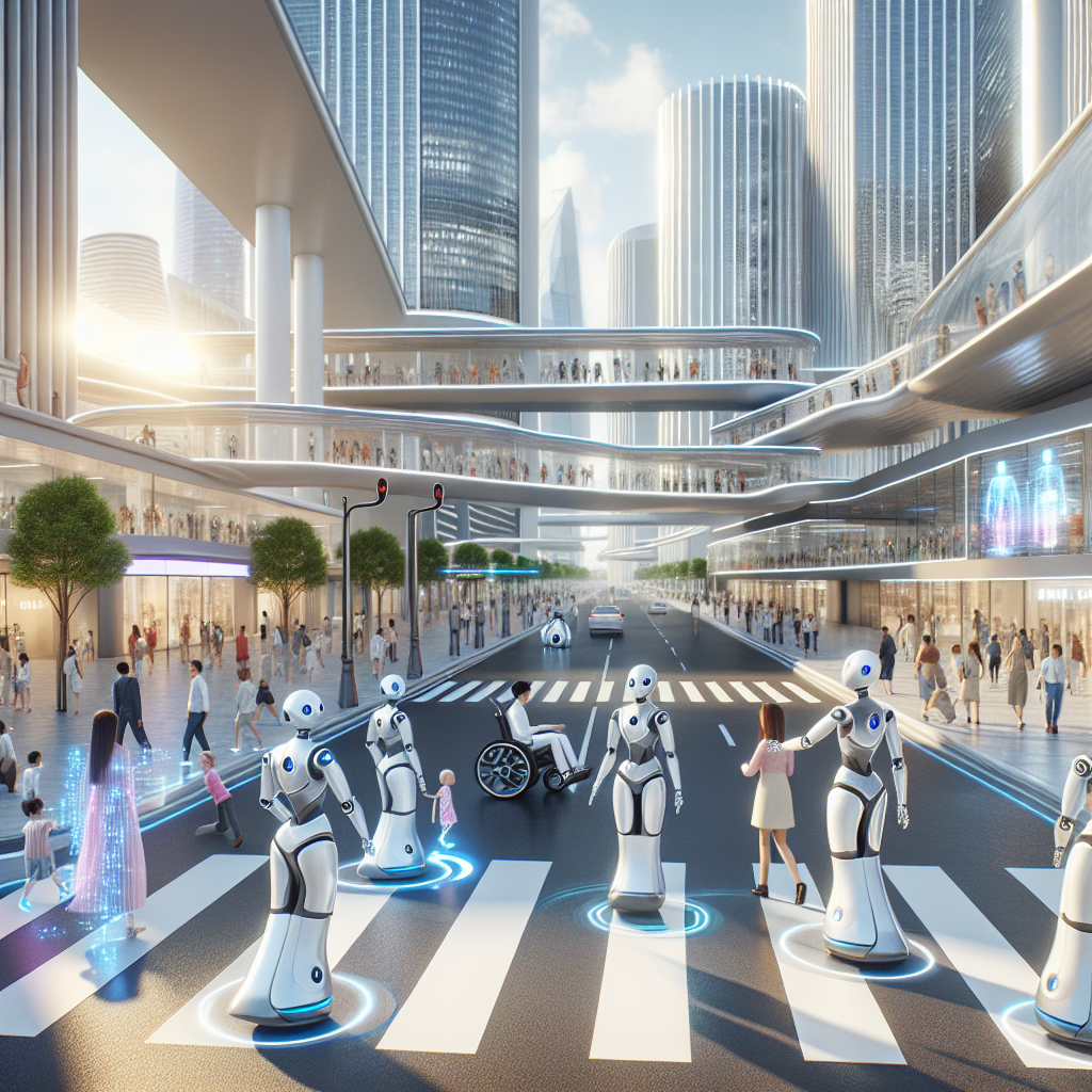 A futuristic cityscape with humanoid robots assisting pedestrians, maintaining traffic flow, and interacting with children.