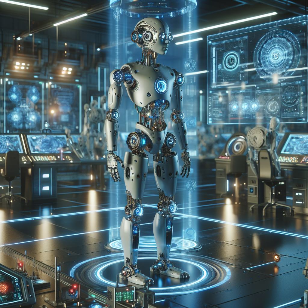 A humanoid robot equipped with multiple sensors (e.g., cameras and proximity detectors) analyzing its surroundings in a futur