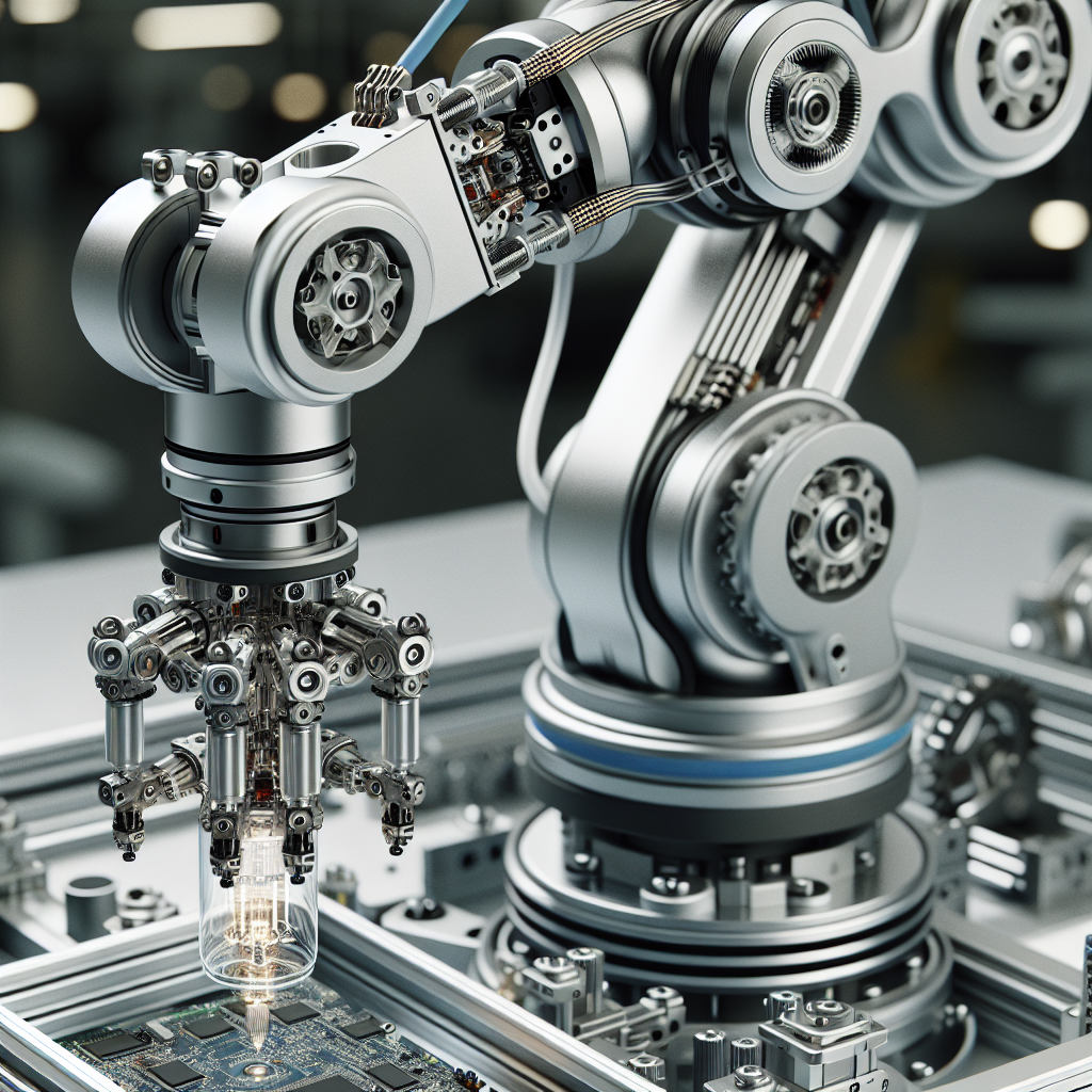 A close-up of a robotic arm with visible actuators and gears, holding a delicate object like a glass or a circuit board.