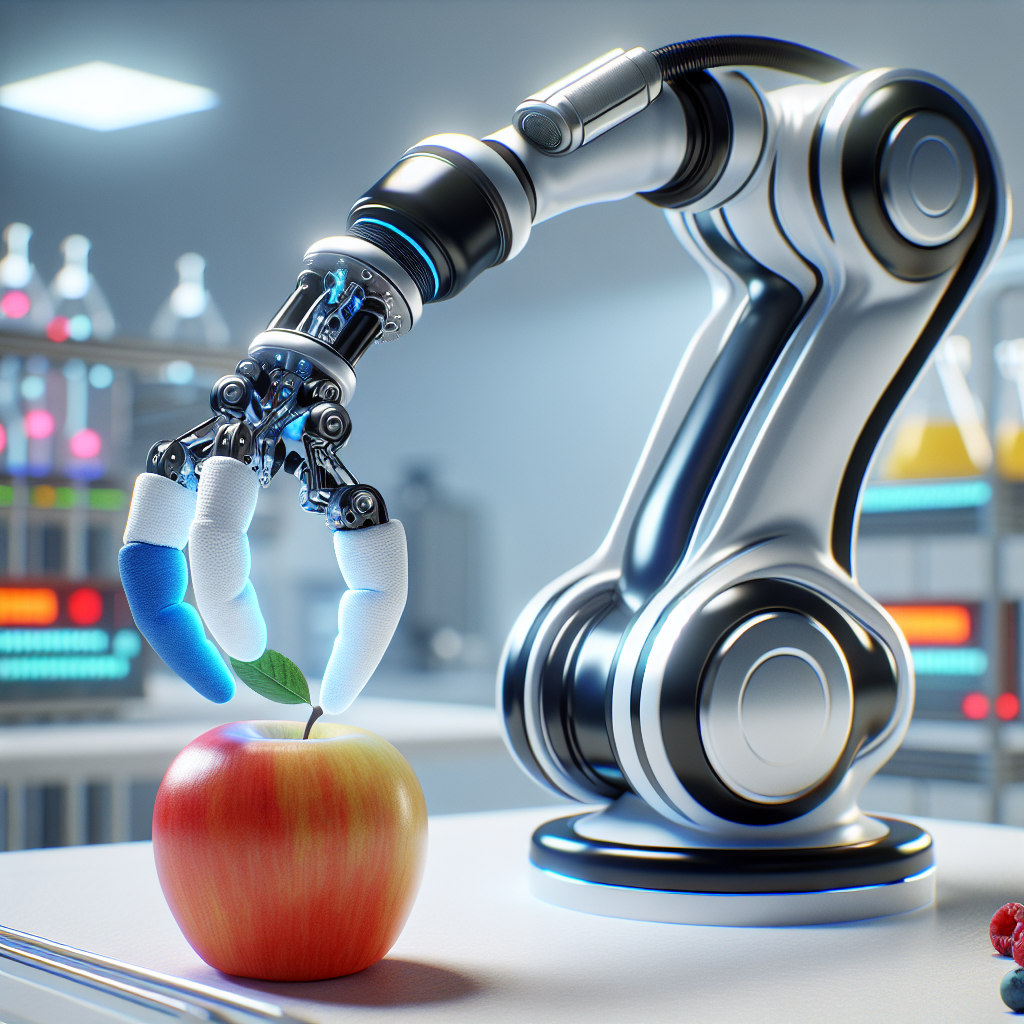 A robotic arm with a soft gripper delicately picking up a piece of fruit, showcasing precision and adaptability.