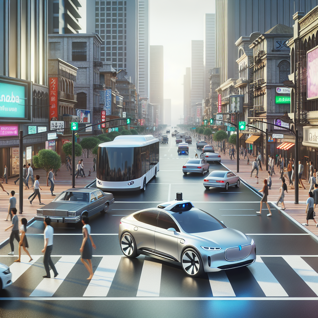 A self-driving car navigating a busy urban intersection with pedestrians crossing and other vehicles around.