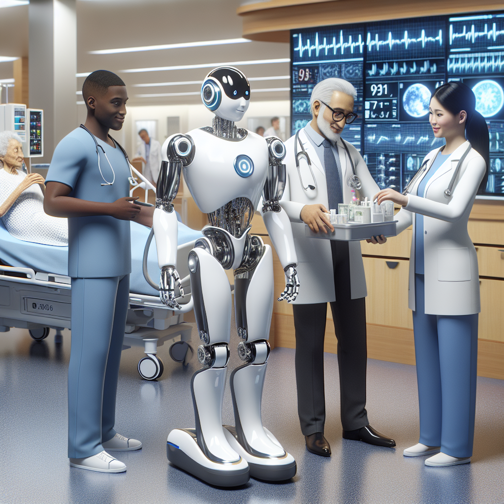 A humanoid robot assisting a medical professional in a hospital, ensuring patient safety and care.